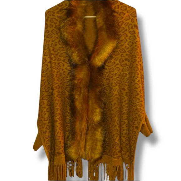 Boutique Sweaters - Faux Leopard Print Shawl with Faux Fur Trim & Fringe